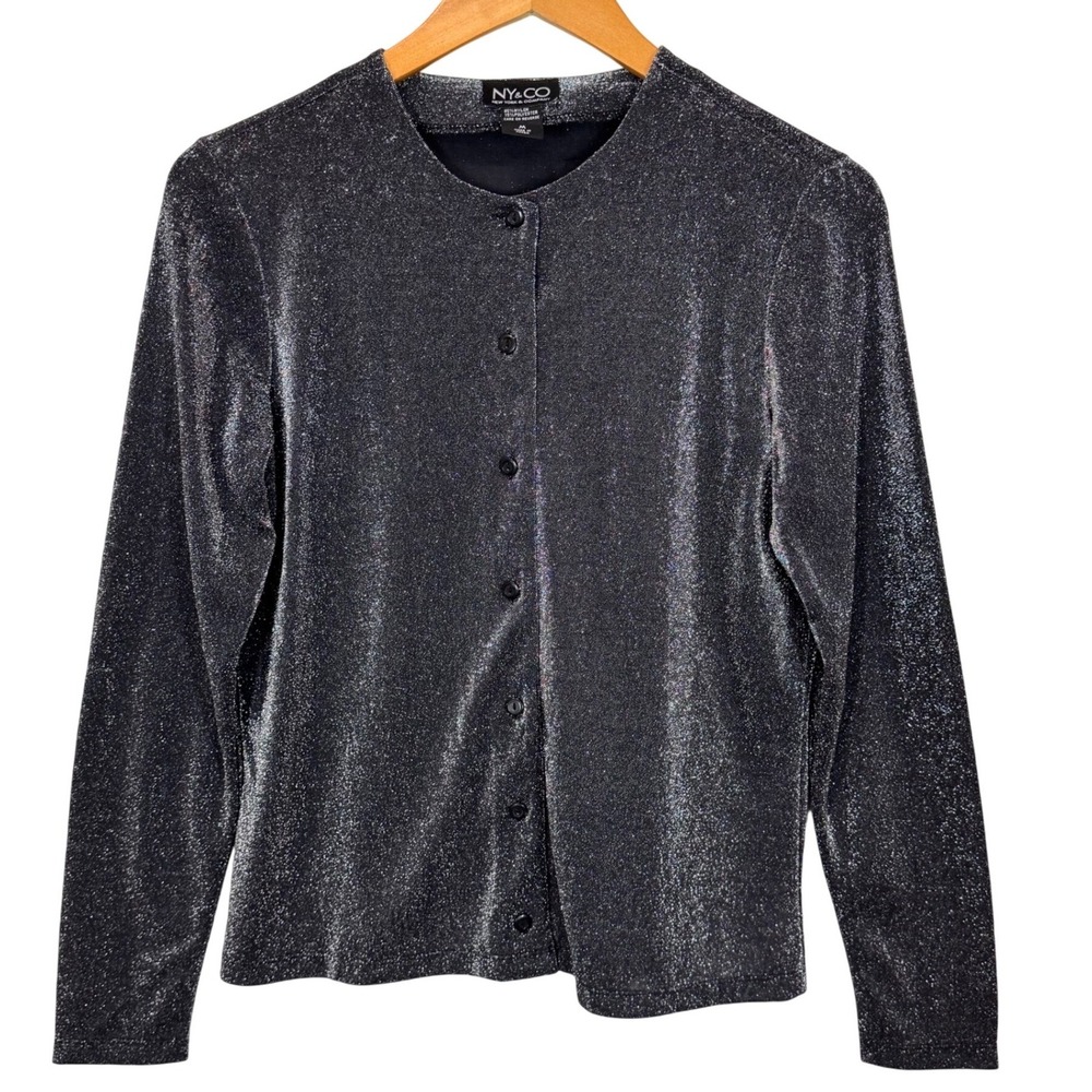 NY&CO Cardigan Women M Silver Metallic Button Front Shimmer Holiday Sparkle Top